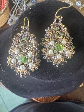 Handcrafted Green & Gold Beaded Teardrop Earrings - Women Jewelry